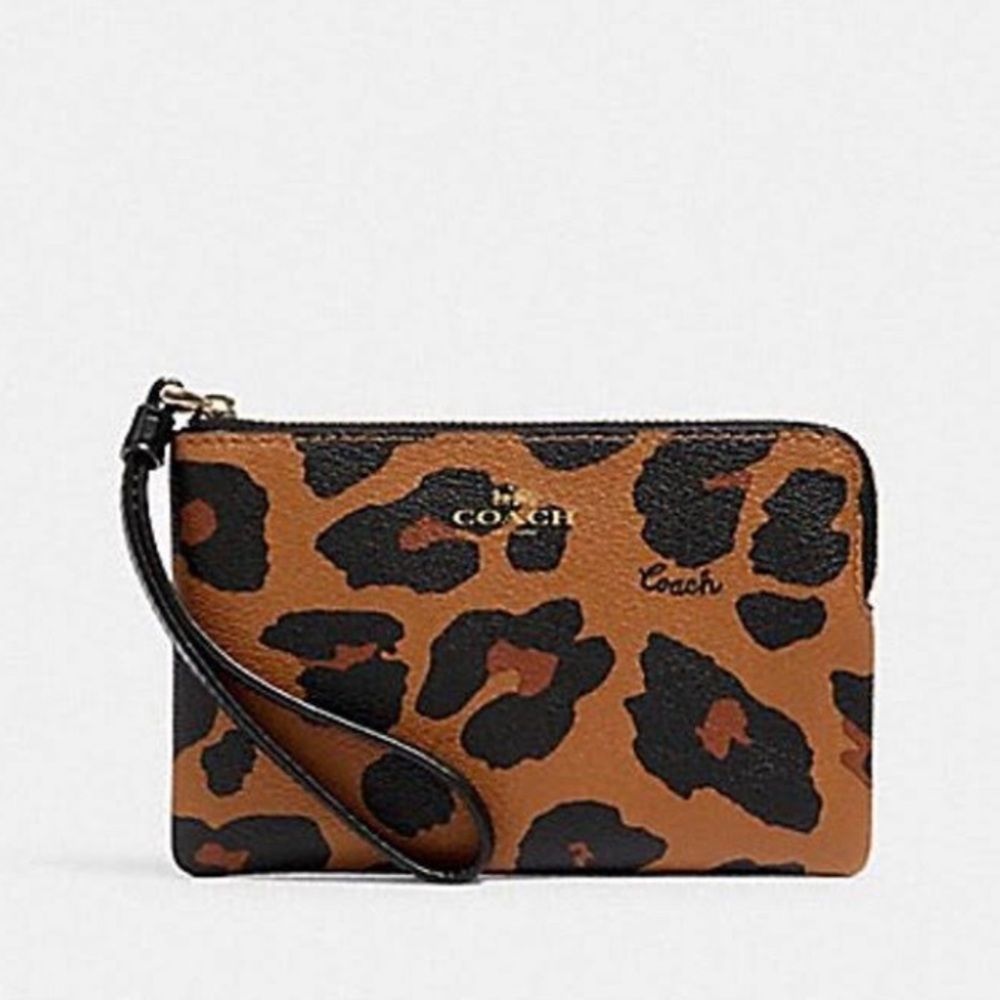 Coach Corner Zip Wristlet Leopard Print